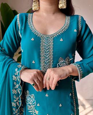 Teal georgette readymade suit with embroidery & sequence work 2
