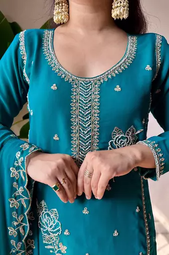 Teal georgette readymade suit with embroidery & sequence work