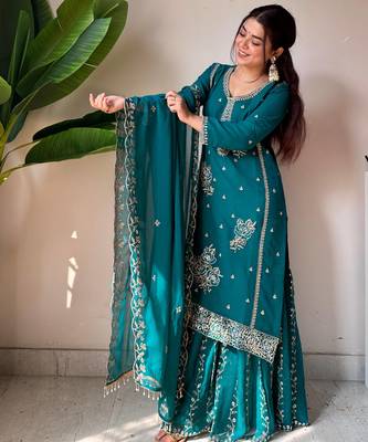Teal georgette readymade suit with embroidery & sequence work 3