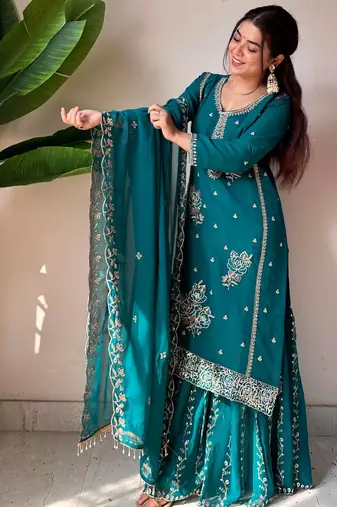 Teal georgette readymade suit with embroidery & sequence work