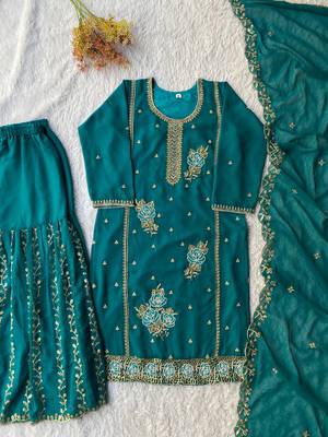 Teal georgette readymade suit with embroidery & sequence work 4