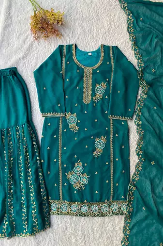Teal georgette readymade suit with embroidery & sequence work