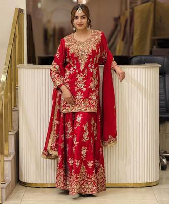 Red georgette readymade suit with embroidery & sequence work 1