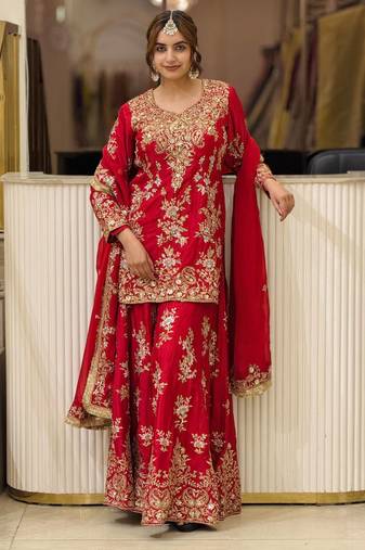 Red georgette readymade suit with embroidery & sequence work
