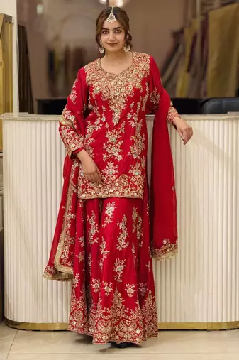 Red georgette readymade suit with embroidery & sequence work