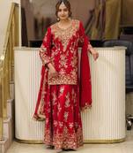 Red georgette readymade suit with embroidery & sequence work