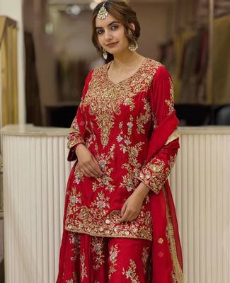 Red georgette readymade suit with embroidery & sequence work 2