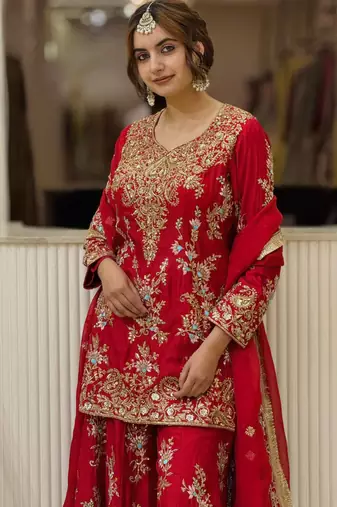 Red georgette readymade suit with embroidery & sequence work