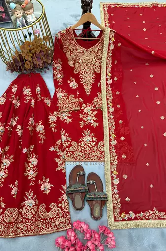 Red georgette readymade suit with embroidery & sequence work