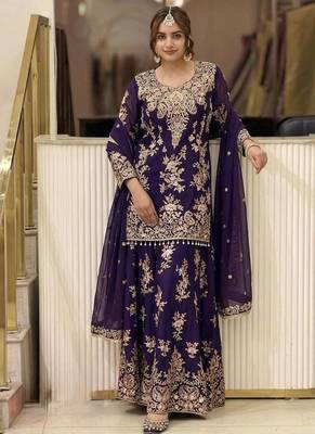 Violet georgette readymade suit with embroidery & sequence work 1