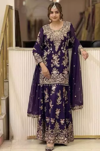 Violet georgette readymade suit with embroidery & sequence work