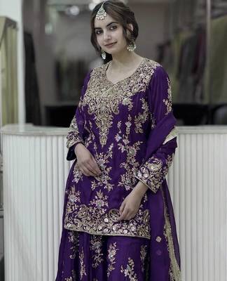 Violet georgette readymade suit with embroidery & sequence work 2