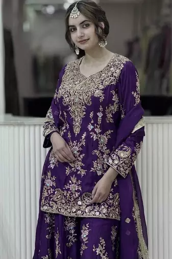 Violet georgette readymade suit with embroidery & sequence work