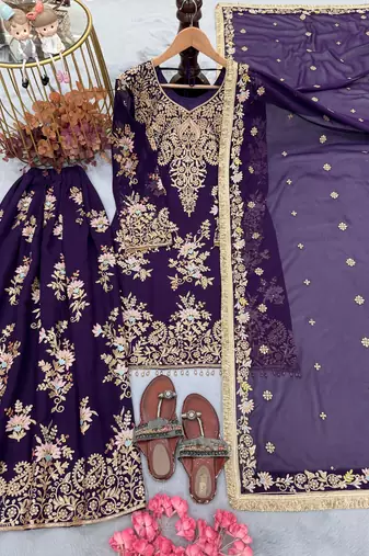 Violet georgette readymade suit with embroidery & sequence work