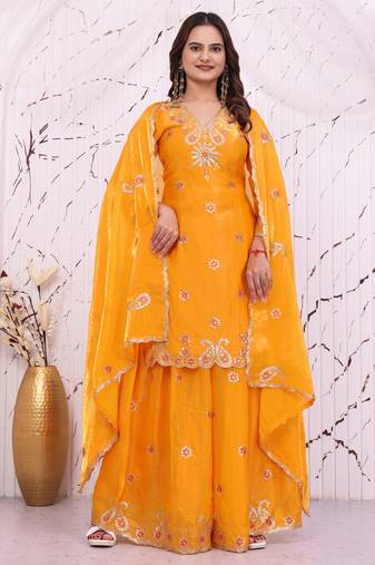 Yellow fandy silk  party  embroidery wear sharara suit set