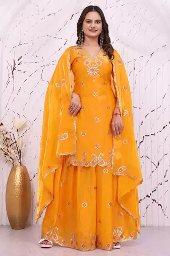 Yellow fandy silk  party  embroidery wear sharara suit set