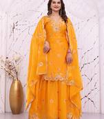 Yellow fandy silk  party  embroidery wear sharara suit set