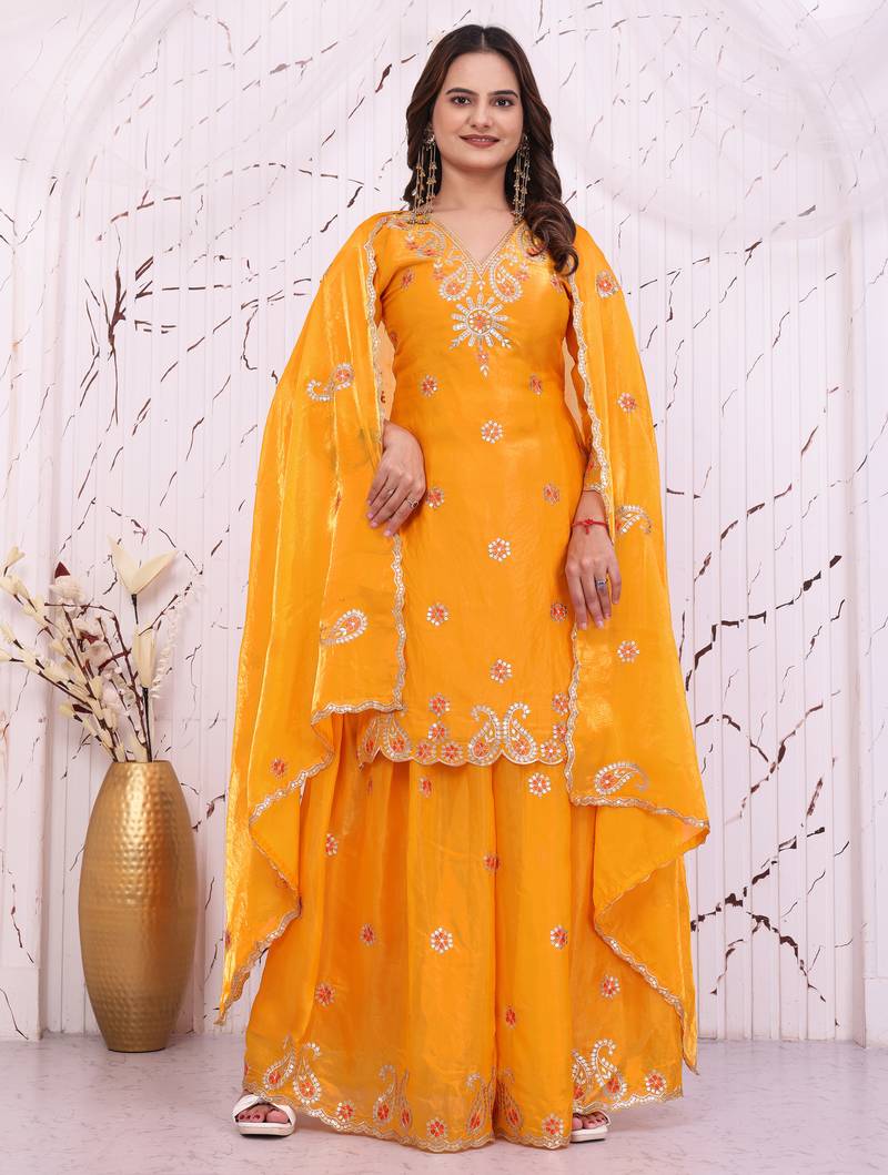 Yellow fandy silk  party  embroidery wear sharara suit set