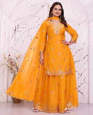 Yellow fandy silk  party  embroidery wear sharara suit set 2