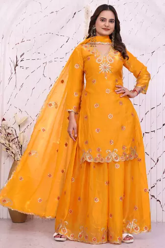 Yellow fandy silk  party  embroidery wear sharara suit set