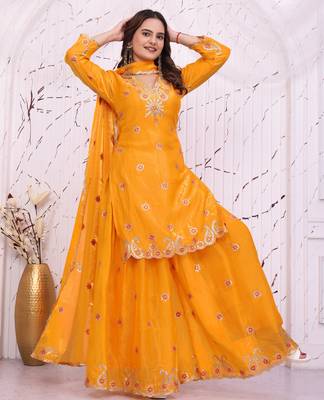 Yellow fandy silk  party  embroidery wear sharara suit set 3