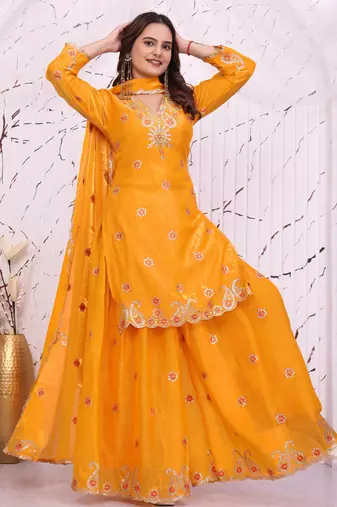 Yellow fandy silk  party  embroidery wear sharara suit set