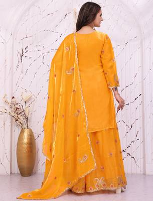 Yellow fandy silk  party  embroidery wear sharara suit set 4