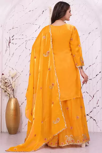 Yellow fandy silk  party  embroidery wear sharara suit set