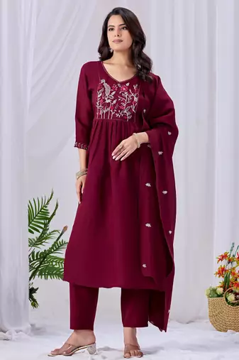 Wine pure cotton floral embroidered kurta trouser dupatta set