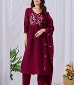 Wine pure cotton floral embroidered kurta trouser dupatta set