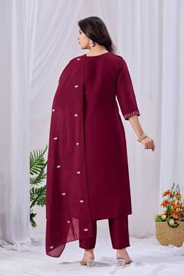 Wine pure cotton floral embroidered kurta trouser dupatta set 2