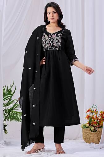 Black pure cotton floral embroidered kurta trouser dupatta set