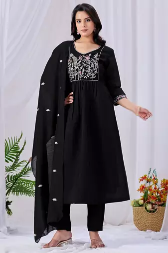 Black pure cotton floral embroidered kurta trouser dupatta set