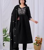 Black pure cotton floral embroidered kurta trouser dupatta set