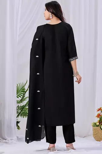 Black pure cotton floral embroidered kurta trouser dupatta set