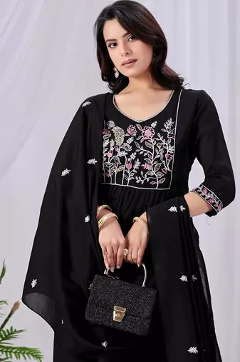 Black pure cotton floral embroidered kurta trouser dupatta set