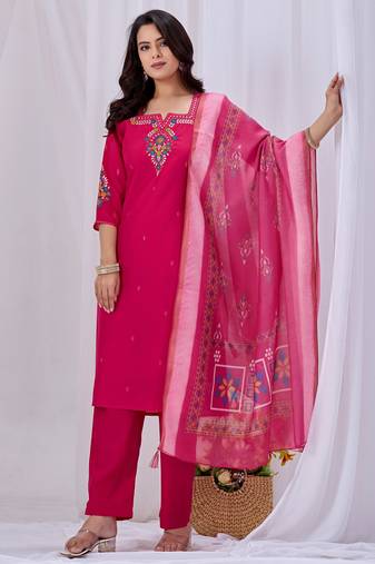 Pink silk floral embroidered kurta trouser dupatta set