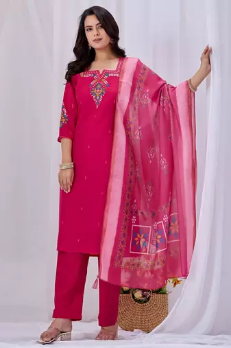 Pink silk floral embroidered kurta trouser dupatta set