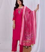 Pink silk floral embroidered kurta trouser dupatta set
