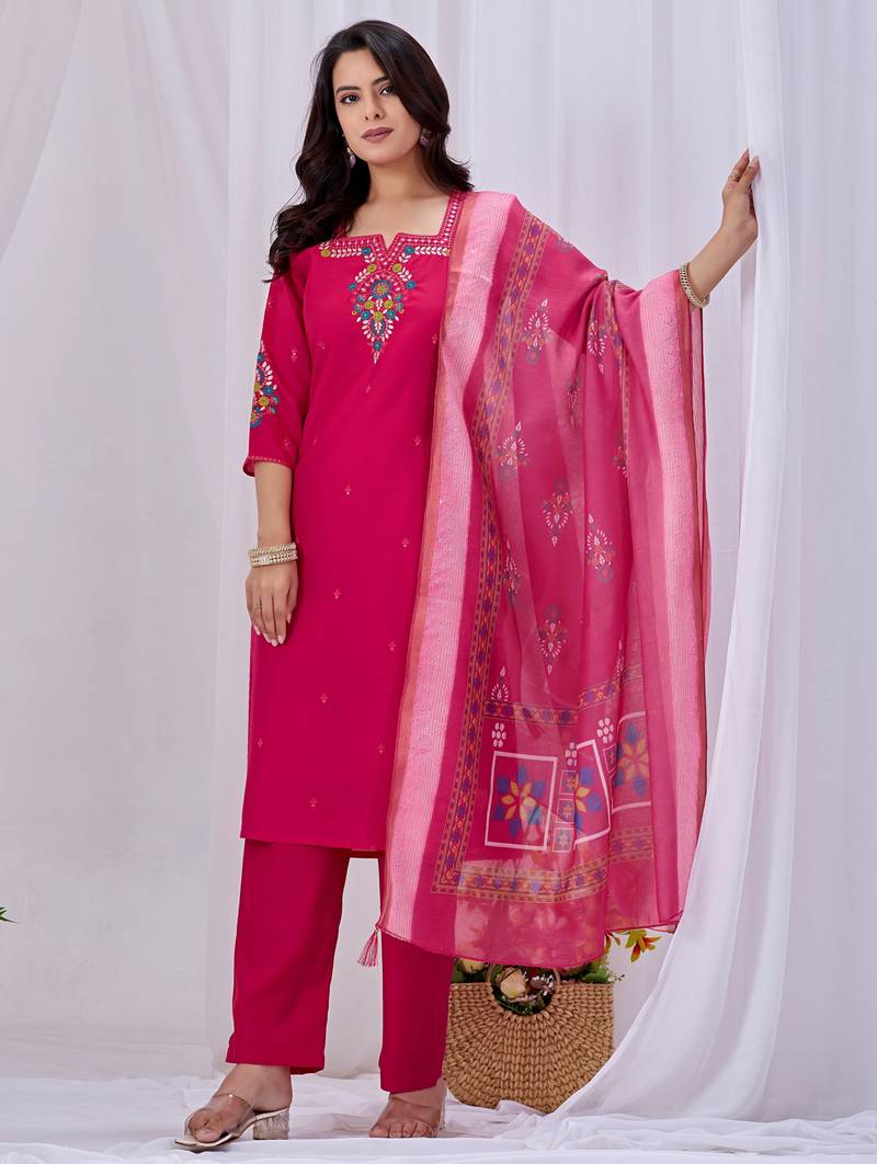 Pink silk floral embroidered kurta trouser dupatta set
