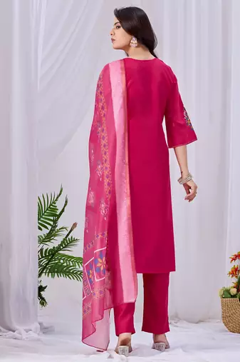 Pink silk floral embroidered kurta trouser dupatta set