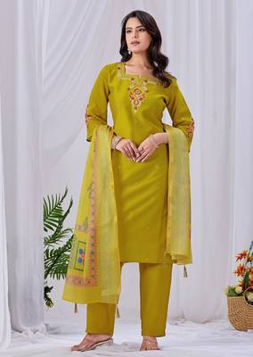 Yellow silk floral embroidered kurta trouser dupatta set 1