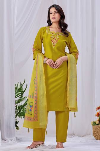 Yellow silk floral embroidered kurta trouser dupatta set