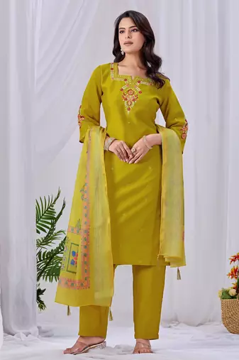 Yellow silk floral embroidered kurta trouser dupatta set