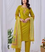 Yellow silk floral embroidered kurta trouser dupatta set