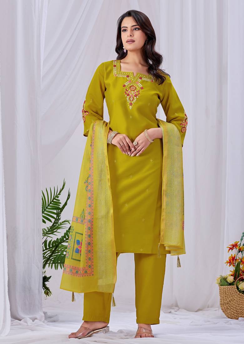 Yellow silk floral embroidered kurta trouser dupatta set