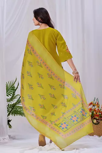 Yellow silk floral embroidered kurta trouser dupatta set