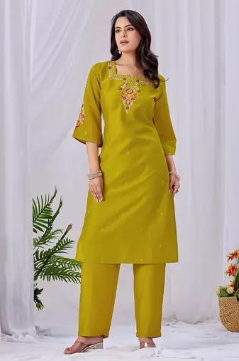 Yellow silk floral embroidered kurta trouser dupatta set