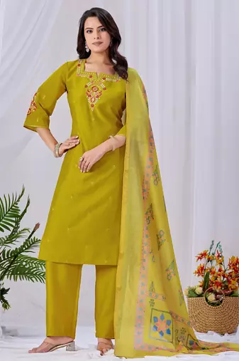 Yellow silk floral embroidered kurta trouser dupatta set