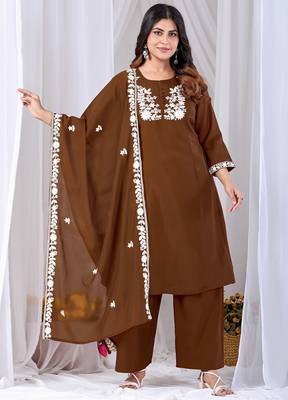 Brown pure cotton floral embroidered kurta trouser dupatta set 1